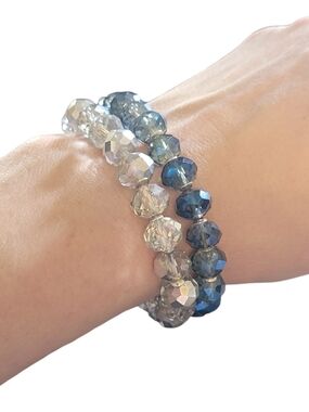 Blue and Silver Swarovski Faceted Bead Stretch Bracelet Set